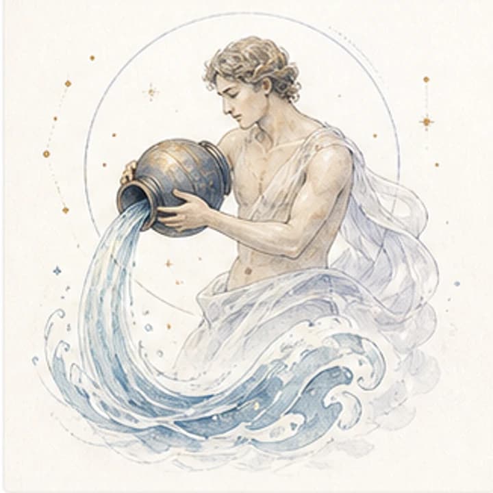 Delicate gradient watercolor water bearer zodiac illustration for the Aquarius daily horoscope archive on Autonofy Astrology.
