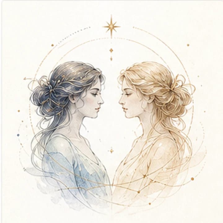 Delicate gradient watercolor twin figures zodiac illustration for the Gemini daily horoscope archive on Autonofy Astrology.