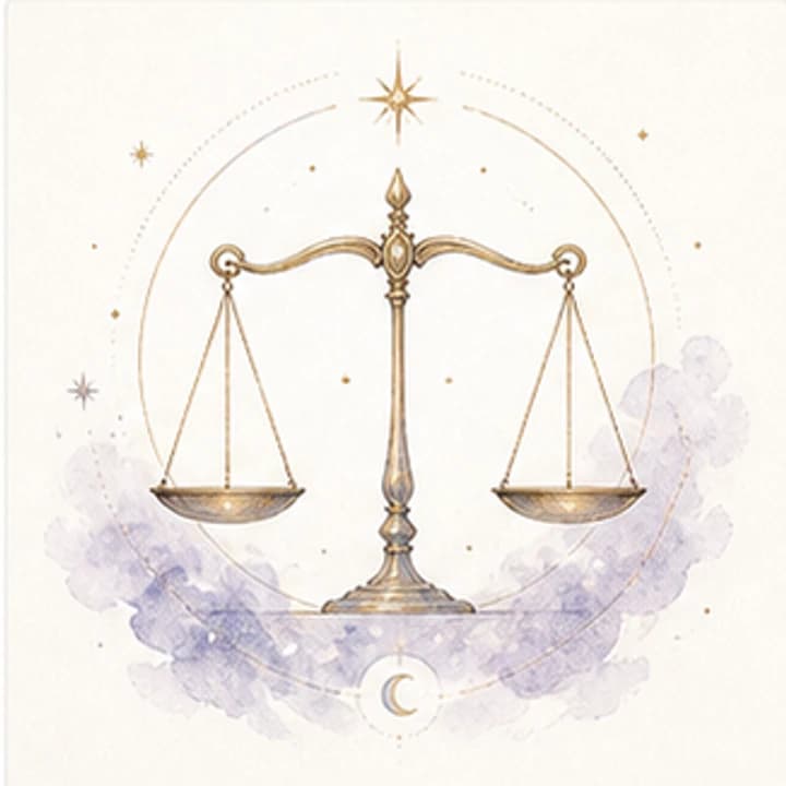 Delicate gradient watercolor balanced scales zodiac illustration for the Libra daily horoscope archive on Autonofy Astrology.
