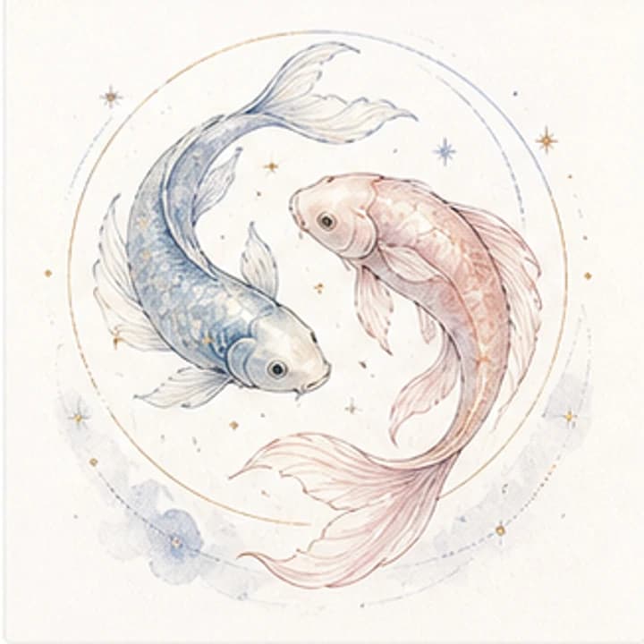 Delicate gradient watercolor two fish zodiac illustration for the Pisces daily horoscope archive on Autonofy Astrology.